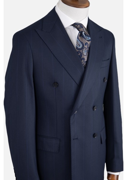 Erkek Kruvaze Takım Elbise Geniş Çizgili Kırlangıç Yaka Çift Yırtmaç Rahat Kalıp Lacivert fırsatları