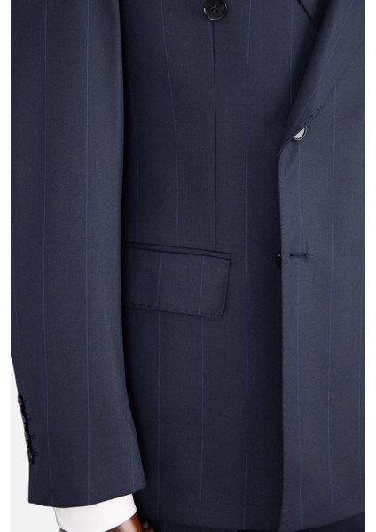 Erkek Kruvaze Takım Elbise Geniş Çizgili Kırlangıç Yaka Çift Yırtmaç Rahat Kalıp Lacivert indirimleri