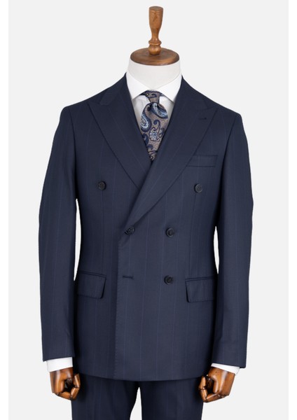 Erkek Kruvaze Takım Elbise Geniş Çizgili Kırlangıç Yaka Çift Yırtmaç Rahat Kalıp Lacivert