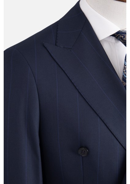 Erkek Kruvaze Takım Elbise Geniş Çizgili Kırlangıç Yaka Çift Yırtmaç Rahat Kalıp Lacivert