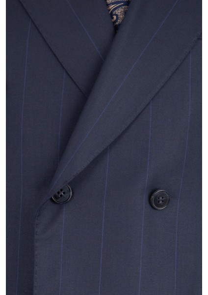 Erkek Kruvaze Takım Elbise Geniş Çizgili Kırlangıç Yaka Çift Yırtmaç Rahat Kalıp Lacivert