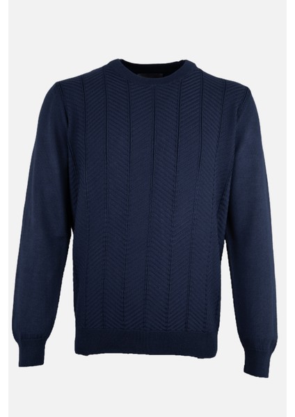 Erkek Bisiklet Yaka Triko Kazak Balıksırtı Desen Yün Modern Fit Lacivert