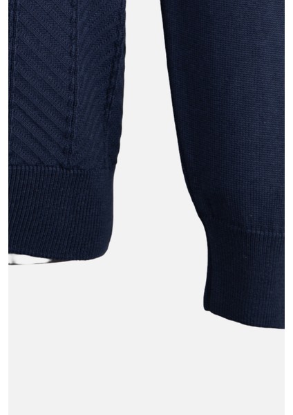 Erkek Bisiklet Yaka Triko Kazak Balıksırtı Desen Yün Modern Fit Lacivert modelleri