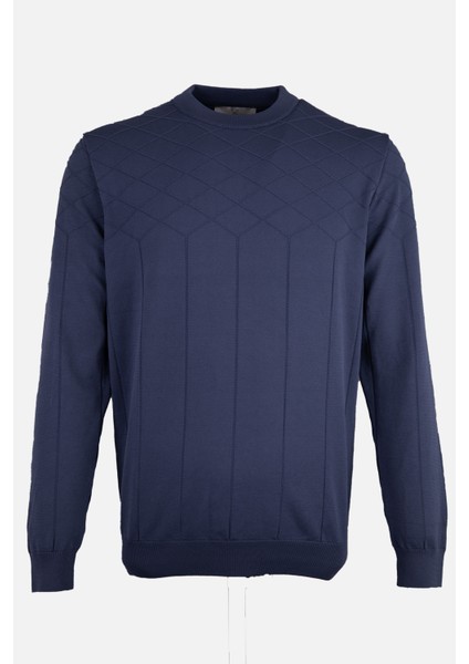 Erkek Bisiklet Yaka Triko Kazak Desenli Slim Fit Rayon Kumaş Lacivert