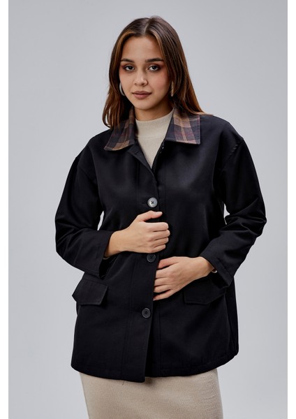 Mia Siyah Ekose Yaka Cepli Oversize Trençkot