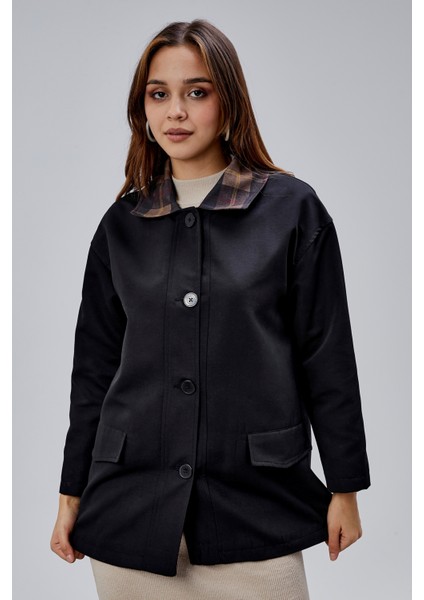 Mia Siyah Ekose Yaka Cepli Oversize Trençkot fiyatları