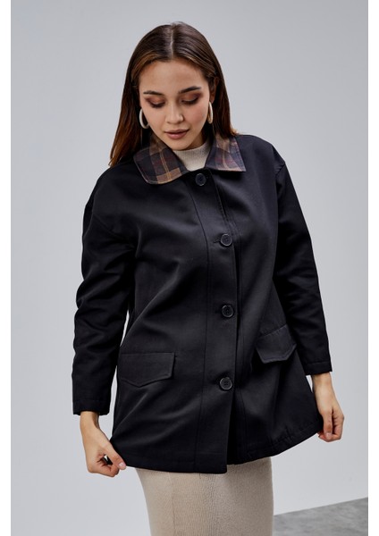 Mia Siyah Ekose Yaka Cepli Oversize Trençkot modelleri