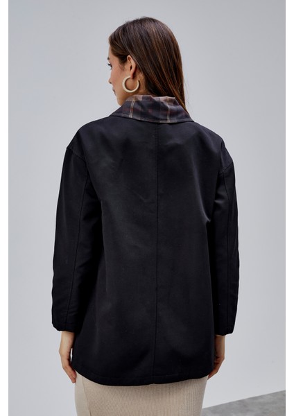 Mia Siyah Ekose Yaka Cepli Oversize Trençkot indirimleri