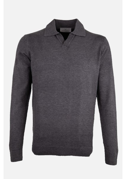 Erkek Polo Yaka Triko Kazak Slim Fit Pamuk Kaşmir Antrasit