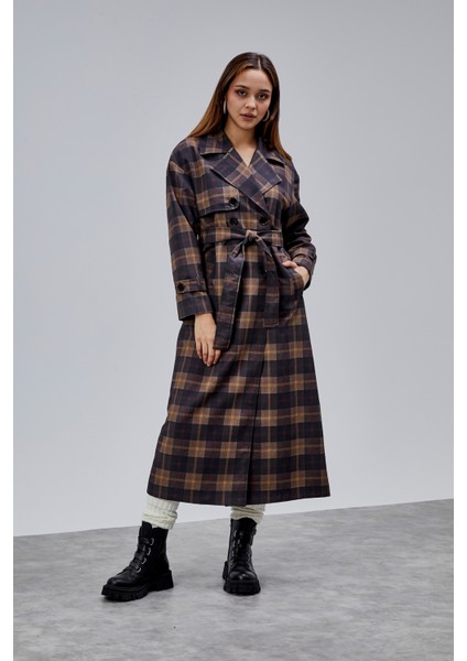 Elora Lacivert Ekose Detaylı Premium Oversize Trençkot 46650