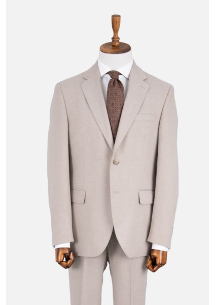 Erkek Klasik Takım Elbise Flanel Yün Mono Yaka Çift Yırtmaç Rahat Kalıp Bej