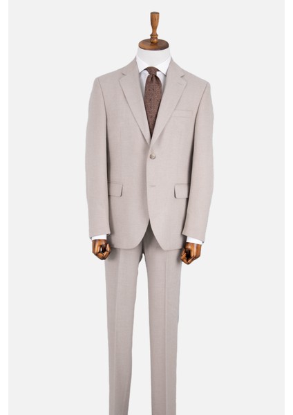 Erkek Klasik Takım Elbise Flanel Yün Mono Yaka Çift Yırtmaç Rahat Kalıp Bej modelleri