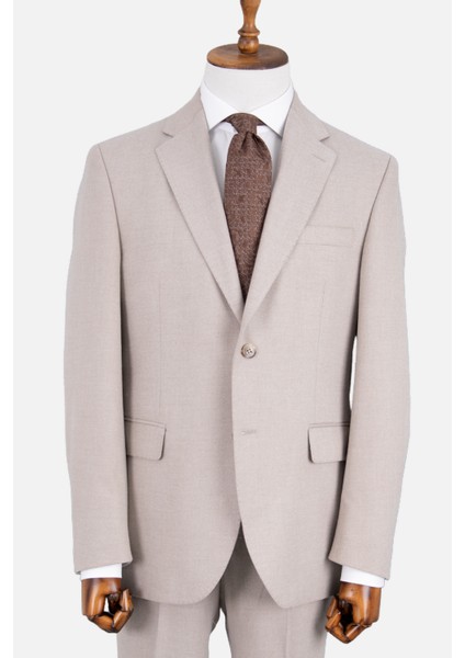 Erkek Klasik Takım Elbise Flanel Yün Mono Yaka Çift Yırtmaç Rahat Kalıp Bej