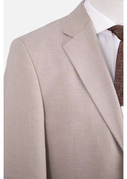 Erkek Klasik Takım Elbise Flanel Yün Mono Yaka Çift Yırtmaç Rahat Kalıp Bej
