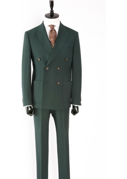 Erkek Kruvaze Takım Elbise Kırlangıç Yaka Yarım Astar Torba Cep Modern Fit Petrol Yeşili