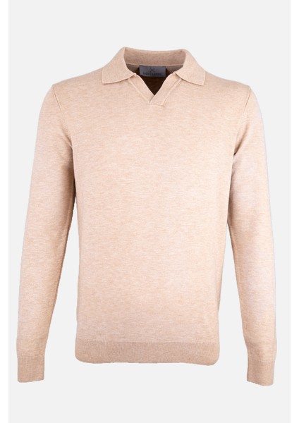 Erkek Polo Yaka Triko Kazak Slim Fit Pamuk Kaşmir Camel