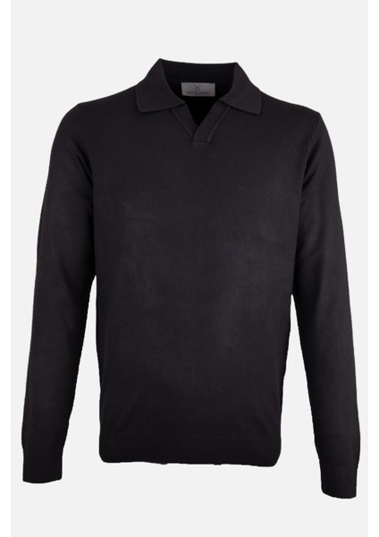 Erkek Polo Yaka Triko Kazak Slim Fit Pamuk Kaşmir Siyah