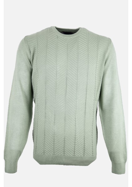 Erkek Bisiklet Yaka Triko Kazak Balıksırtı Desen Yün Modern Fit Yeşil