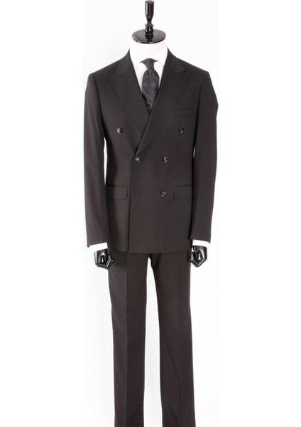 Erkek Kruvaze Takım Elbise Düz Renk Kırlangıç Yaka Çift Yırtmaç Modern Fit Siyah