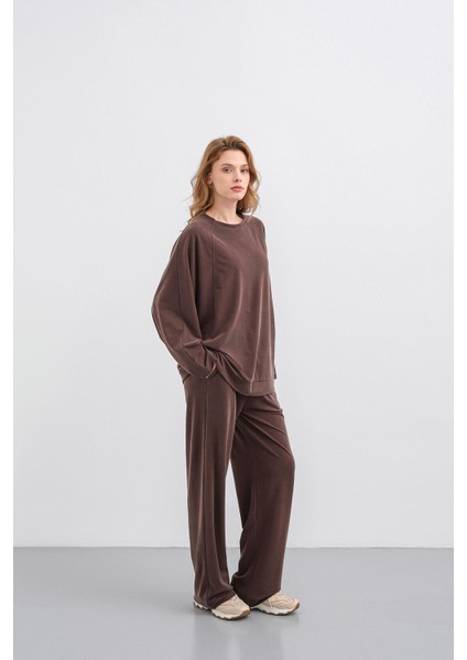 Kahverengi Kadın Tencel Karışımlı Yumuşak Dokulu Bisiklet Yaka Basic Bol Paça Alt-Üst Takım fiyatları