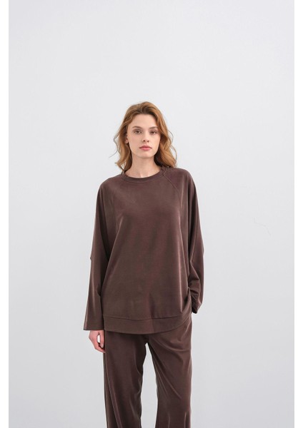 Kahverengi Kadın Tencel Karışımlı Yumuşak Dokulu Bisiklet Yaka Basic Bol Paça Alt-Üst Takım modelleri