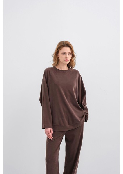 Kahverengi Kadın Tencel Karışımlı Yumuşak Dokulu Bisiklet Yaka Basic Bol Paça Alt-Üst Takım fırsatları