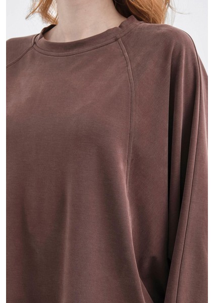 Kahverengi Kadın Tencel Karışımlı Yumuşak Dokulu Bisiklet Yaka Basic Bol Paça Alt-Üst Takım indirimleri