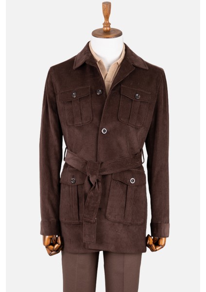 Erkek Trençkot Kadife Kumaş Kuşaklı Safari Cepli Modern Fit Mono Yaka Kahverengi