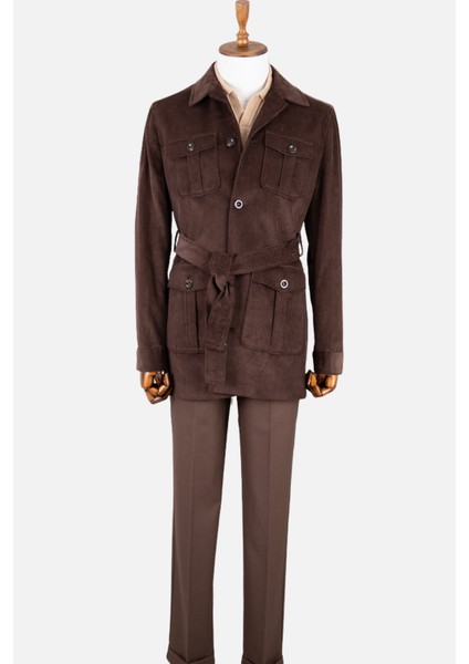 Erkek Trençkot Kadife Kumaş Kuşaklı Safari Cepli Modern Fit Mono Yaka Kahverengi modelleri