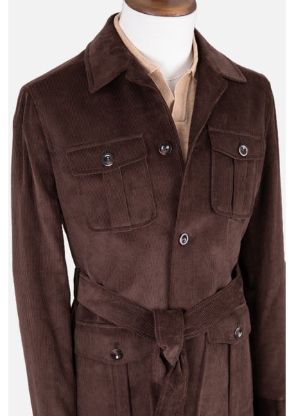 Erkek Trençkot Kadife Kumaş Kuşaklı Safari Cepli Modern Fit Mono Yaka Kahverengi fırsatları