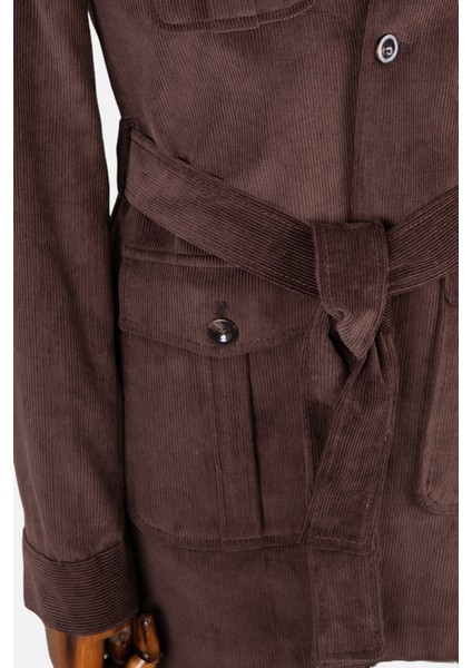 Erkek Trençkot Kadife Kumaş Kuşaklı Safari Cepli Modern Fit Mono Yaka Kahverengi indirimleri
