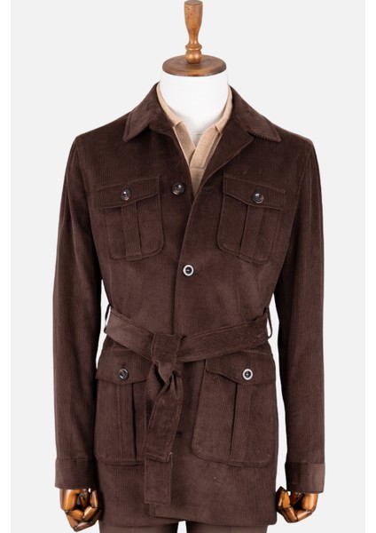 Erkek Trençkot Kadife Kumaş Kuşaklı Safari Cepli Modern Fit Mono Yaka Kahverengi