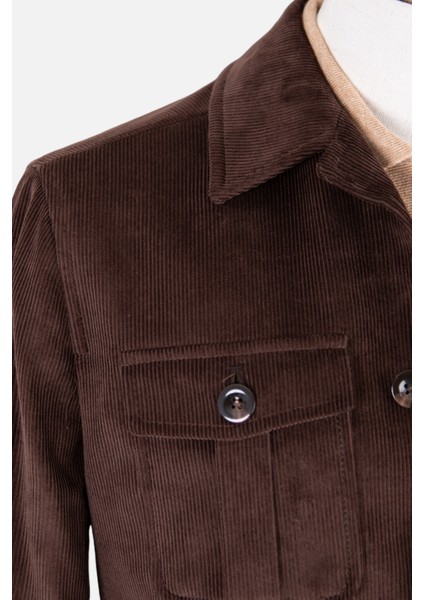 Erkek Trençkot Kadife Kumaş Kuşaklı Safari Cepli Modern Fit Mono Yaka Kahverengi