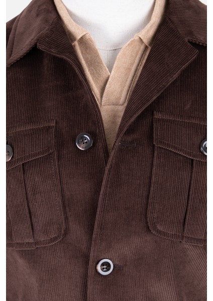 Erkek Trençkot Kadife Kumaş Kuşaklı Safari Cepli Modern Fit Mono Yaka Kahverengi