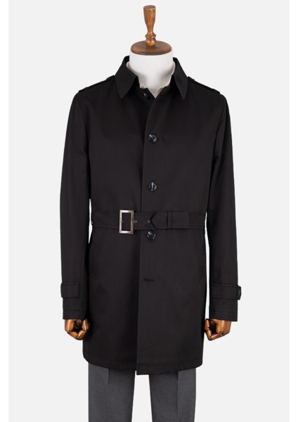 Erkek Trençkot Pamuklu Kuşaklı Modern Fit Mevsimlik Siyah