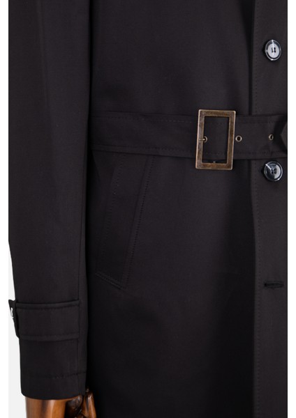 Erkek Trençkot Pamuklu Kuşaklı Modern Fit Mevsimlik Siyah