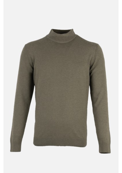 Erkek Yarım Balıkçı Yaka Triko Kazak Pamuk Kaşmir Slim Fit Haki