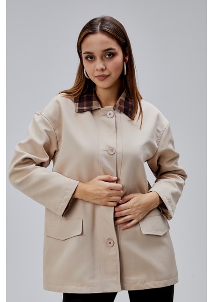 Mia Vizon Ekose Yaka Cepli Oversize Trençkot modelleri