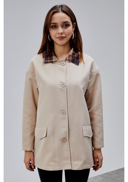 Mia Vizon Ekose Yaka Cepli Oversize Trençkot indirimleri