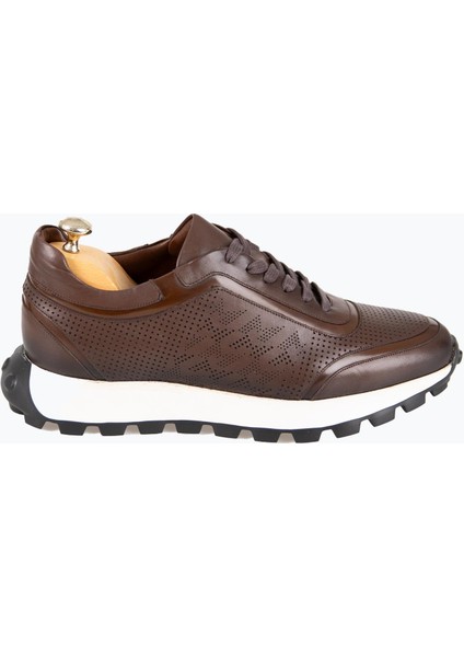 Erkek Spor Ayakkabı Hakiki Deri Bağcıklı Yüksek Taban Kahverengi