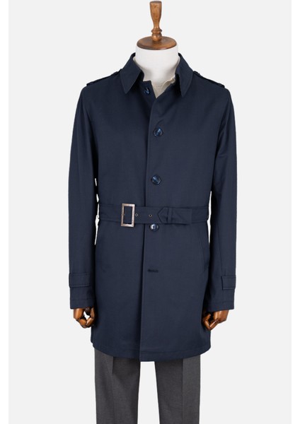 Erkek Trençkot Pamuklu Kuşaklı Modern Fit Mevsimlik Lacivert