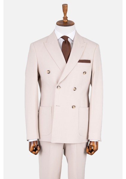 Erkek Kruvaze Takım Elbise Kırlangıç Yaka Yarım Astar Torba Cep Modern Fit Bej