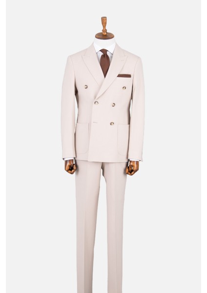 Erkek Kruvaze Takım Elbise Kırlangıç Yaka Yarım Astar Torba Cep Modern Fit Bej modelleri