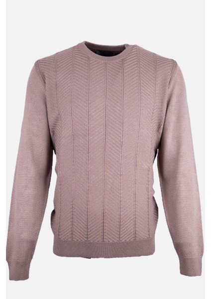 Erkek Bisiklet Yaka Triko Kazak Balıksırtı Desen Yün Modern Fit Vizon