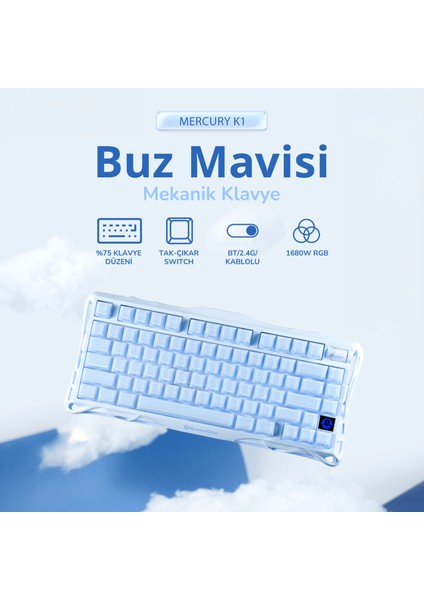 Mercury K1 Rgb Kablosuz Mekanik Gaming Klavye, Alüminyum Çerçeveli, Ingilizce Q, Special Edition, Ice Blue modelleri