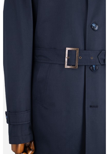 Erkek Trençkot Pamuklu Kuşaklı Modern Fit Mevsimlik Lacivert