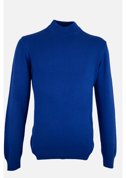 Erkek Yarım Balıkçı Yaka Triko Kazak Slim Fit Yün Saks Mavi