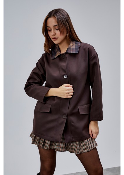 Mia Acı Kahve Ekose Yaka Cepli Oversize Trençkot