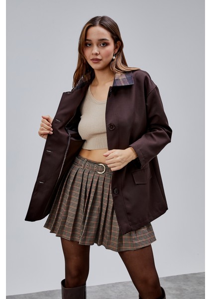 Mia Acı Kahve Ekose Yaka Cepli Oversize Trençkot fiyatları