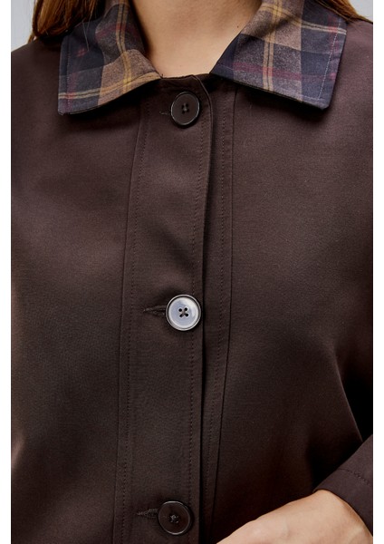 Mia Acı Kahve Ekose Yaka Cepli Oversize Trençkot modelleri